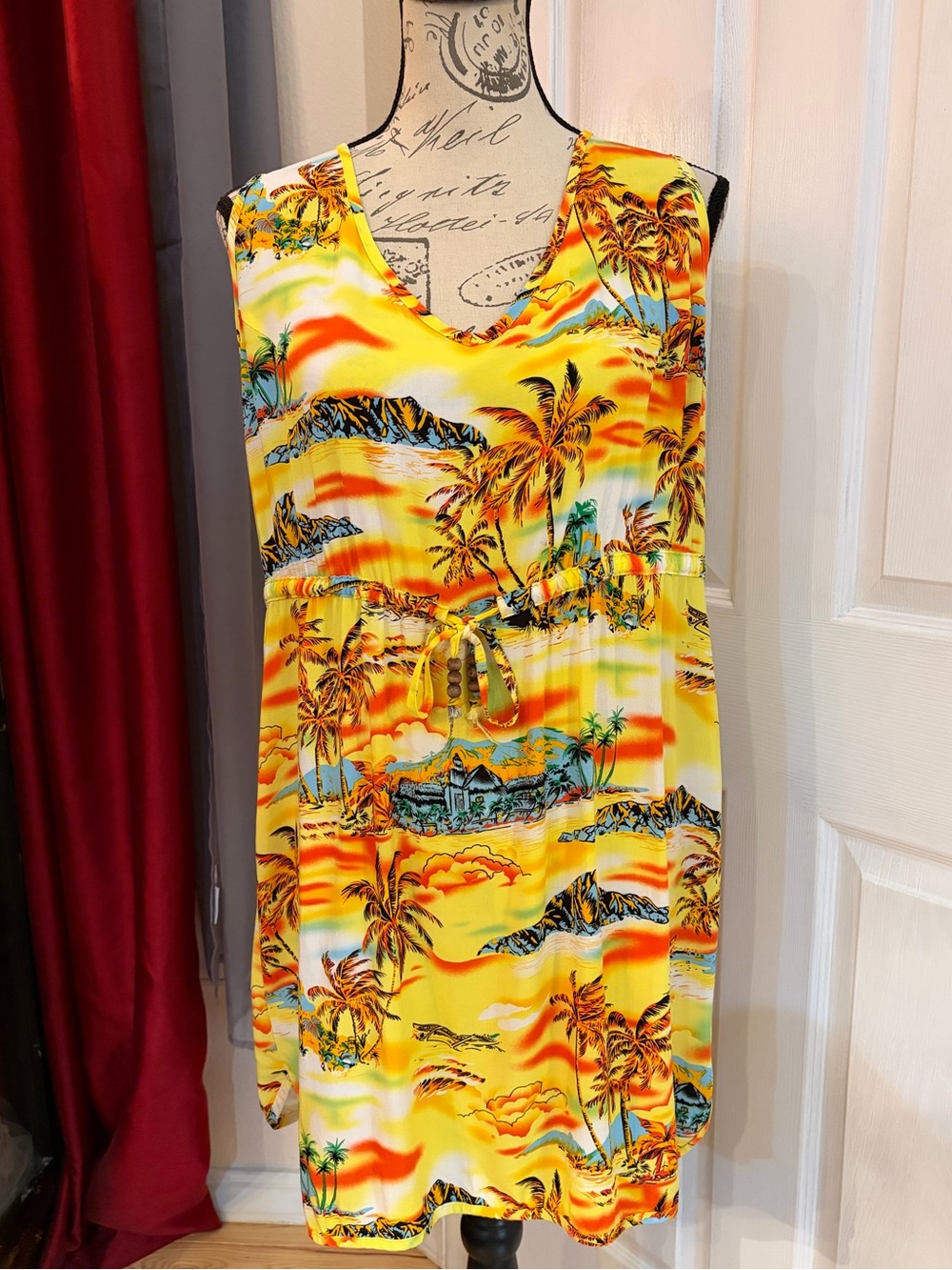 Palmwave Hawaii Tropical Yellow Palm Print Sleeveless Dress